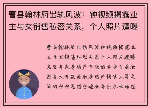 曹县翰林府出轨风波：钟视频揭露业主与女销售私密关系，个人照片遭曝光