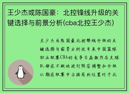 王少杰或陈国豪：北控锋线升级的关键选择与前景分析(cba北控王少杰)