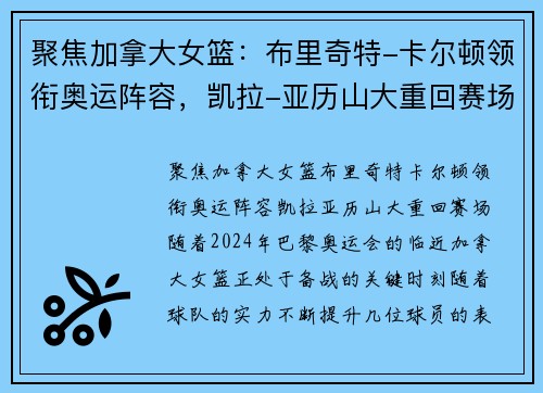 聚焦加拿大女篮：布里奇特-卡尔顿领衔奥运阵容，凯拉-亚历山大重回赛场
