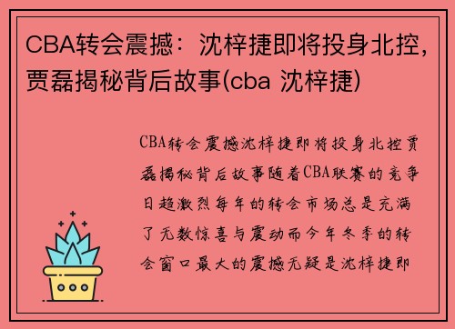 CBA转会震撼：沈梓捷即将投身北控，贾磊揭秘背后故事(cba 沈梓捷)