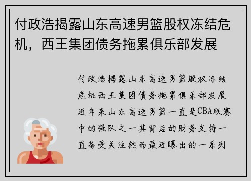 付政浩揭露山东高速男篮股权冻结危机，西王集团债务拖累俱乐部发展