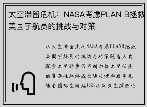 太空滞留危机：NASA考虑PLAN B拯救美国宇航员的挑战与对策