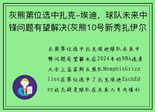 灰熊第位选中扎克-埃迪，球队未来中锋问题有望解决(灰熊10号新秀扎伊尔威廉姆斯)