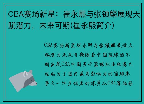 CBA赛场新星：崔永熙与张镇麟展现天赋潜力，未来可期(崔永熙简介)
