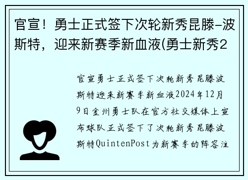 官宣！勇士正式签下次轮新秀昆滕-波斯特，迎来新赛季新血液(勇士新秀2020)