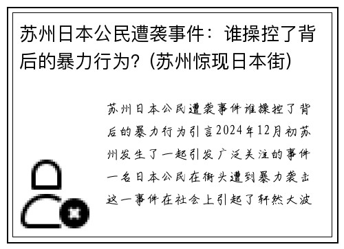 苏州日本公民遭袭事件：谁操控了背后的暴力行为？(苏州惊现日本街)