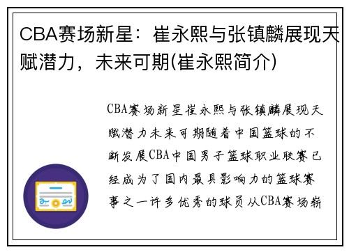 CBA赛场新星：崔永熙与张镇麟展现天赋潜力，未来可期(崔永熙简介)