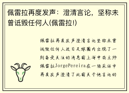 佩雷拉再度发声：澄清言论，坚称未曾诋毁任何人(佩雷拉!)