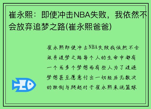 崔永熙：即使冲击NBA失败，我依然不会放弃追梦之路(崔永熙爸爸)