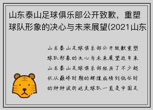 山东泰山足球俱乐部公开致歉，重塑球队形象的决心与未来展望(2021山东泰山足球俱乐部阵容)