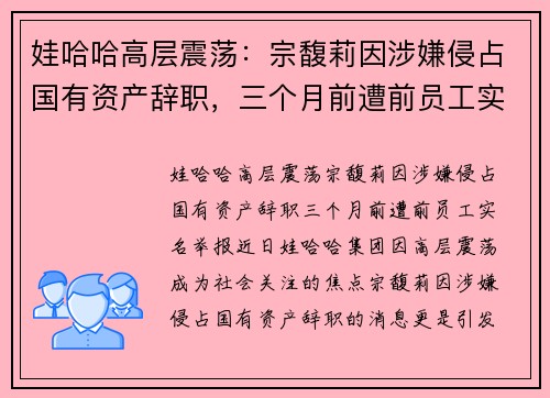 娃哈哈高层震荡：宗馥莉因涉嫌侵占国有资产辞职，三个月前遭前员工实名举报