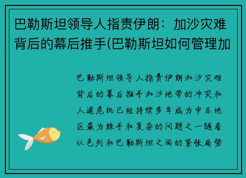 巴勒斯坦领导人指责伊朗：加沙灾难背后的幕后推手(巴勒斯坦如何管理加沙)