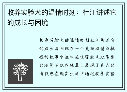 收养实验犬的温情时刻：杜江讲述它的成长与困境