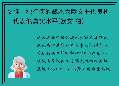 文胖：独行侠的战术为欧文提供良机，代表他真实水平(欧文 独)