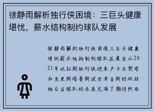 徐静雨解析独行侠困境：三巨头健康堪忧，薪水结构制约球队发展