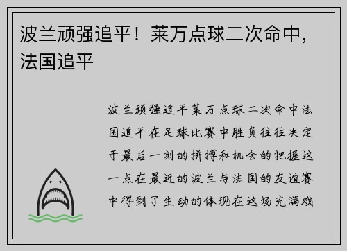 波兰顽强追平！莱万点球二次命中，法国追平